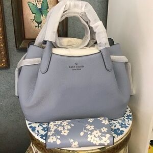 Kaye spade Lrg Dumpling Satchel wallet set muted blue pebble leather NEW